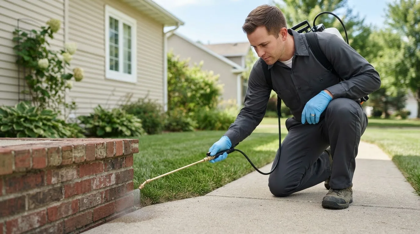 Pest control technician treating a home near Dyersville, IA