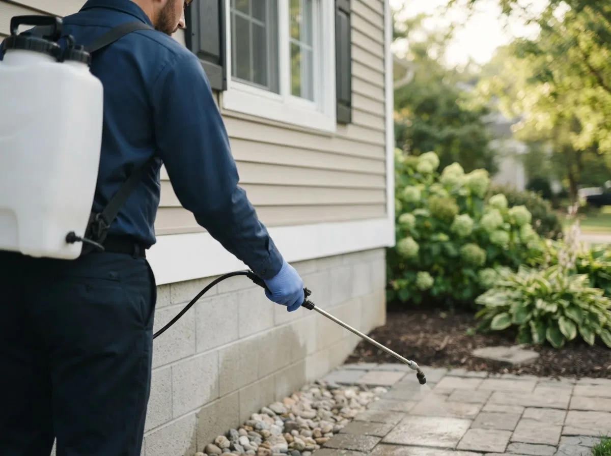 Pest control technician inspecting a home in Dyersville, IA